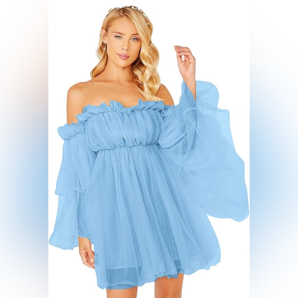 Tulle Women's Romantic Off Shoulder Flounce Long Sleeve Dress | Blue | Size L